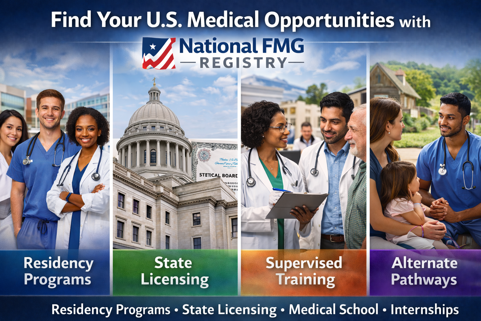 National FMG Registry pathways including Residency Programs, State Licensing, Supervised Training, and Alternate Pathways